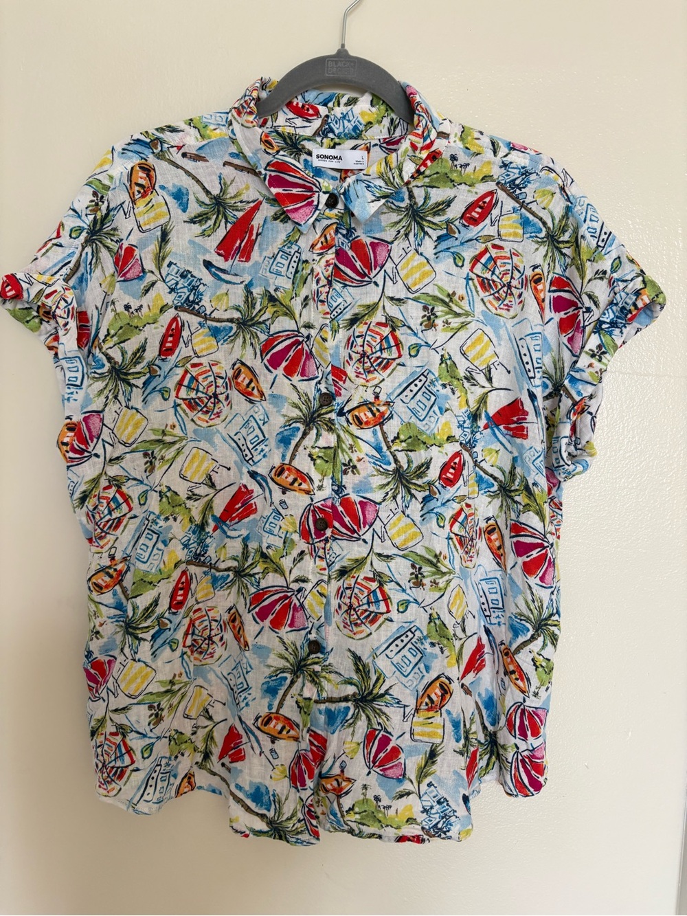 Sonoma Short-Sleeve Button-Up Shirt - Red, Blue, Yellow, Green Tropical Print